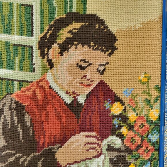 Vtg Framed Needlepoint Old Fashion Girl Embroidering Wall Decor Art Romantic - Picture 5 of 15